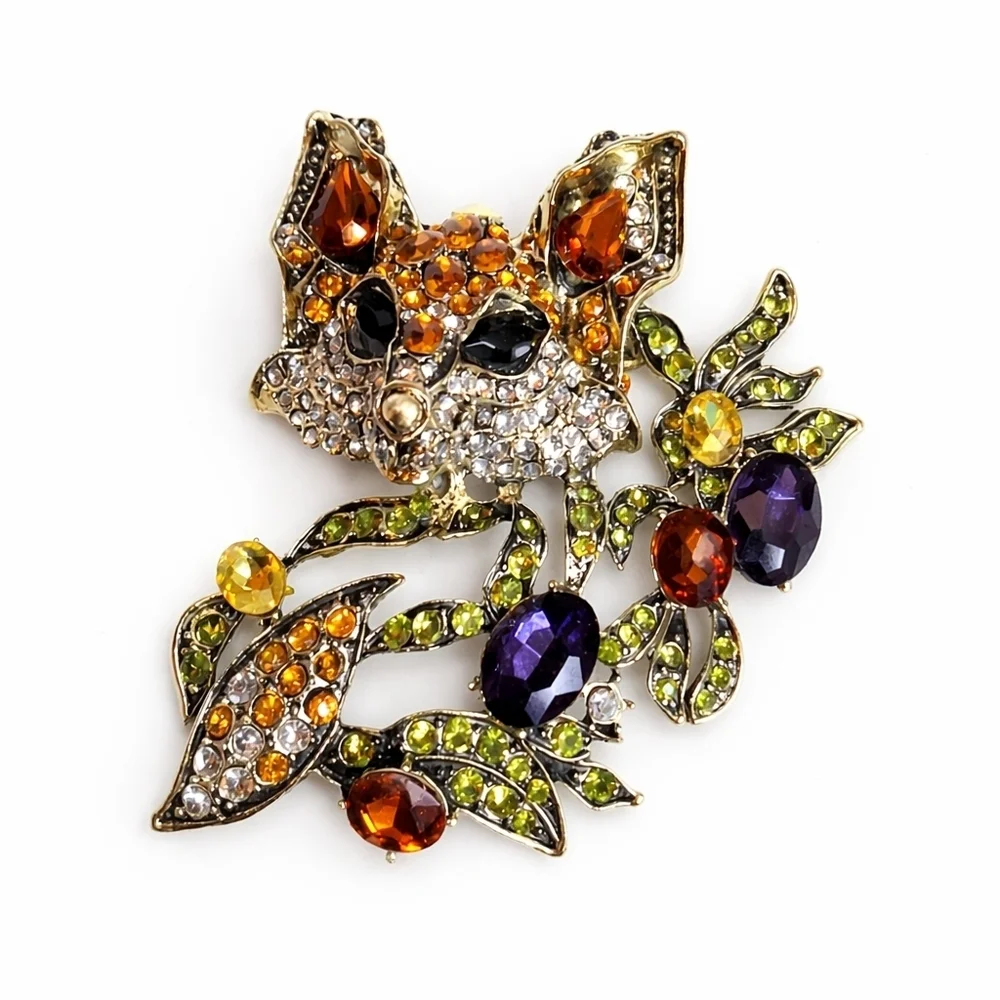 Woodland Fox Rhinestone Brooch Multicolor Crystal Animal  Fall Jewel